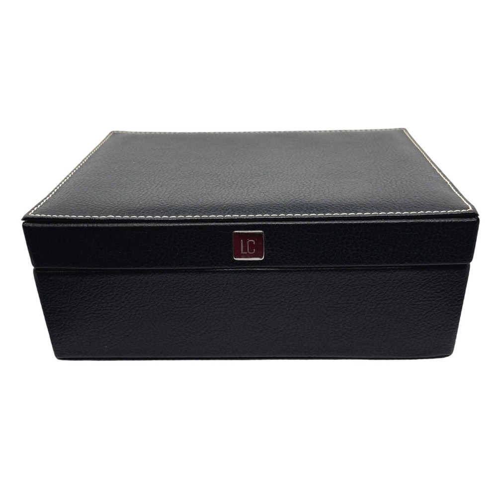 Liz Claiborne Black Faux Leather Jewelry Box Red Interior Contrast Stitching LC
